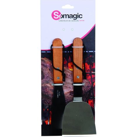 Set de 2 ustensiles pour plancha en inox et bois – Spatule coudée et grattoir – Pour nettoyage plaque et cuisson précise – Somagic