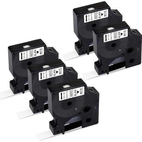 Paquete de 5 cintas para etiquetas, negras sobre blanco, 12 mm x 7 m, compatibles con Dymo D1, para uso doméstico y de oficina. (1/5)