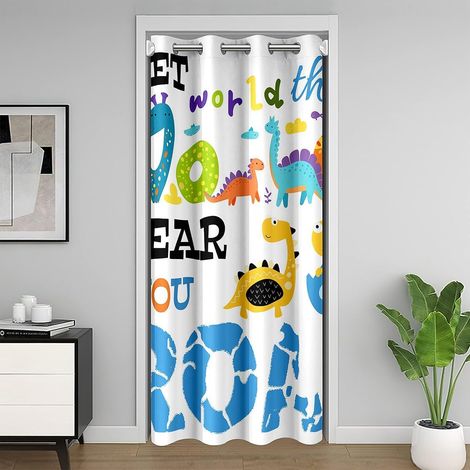 Rideau de Porte Enfant Dinosaure de Dessin Animé, Rideaux Occultant 86x203 Dino Mignons pour Garçons Filles, Rideau de Placard Animaux Kawaii, Rideaux Intérieurs Œuf de Dinosaure Coloré - 86L X 203H c (1/5)