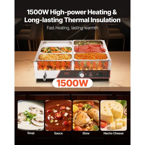 Bain-marie professionnel 1500W inox chauffant vapeur couvercle, 6 bacs chauffage rapide comptoir buffet avec câble, traiteur resto événement (1/5)
