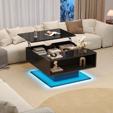 DESMIU Table Basse Relevable avec Rangement Secret, LED, 1 Espace Ouvert, pour Salon, en panneau de particules, noir, 80 × 75 × 40 cm (1/5)