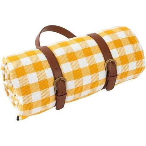 Beach Mat, for Outdoor Camping, Moisture Resistant, with Leather Storage Straps, 150x200cm, Yellow and White Plaid (1/4)