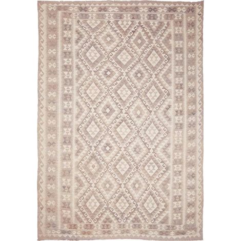 Tapis kilim 209 x 297 cm, motif géométrique, beige, crème et gris, laine naturelle, tissé plat artisanal (1/5)