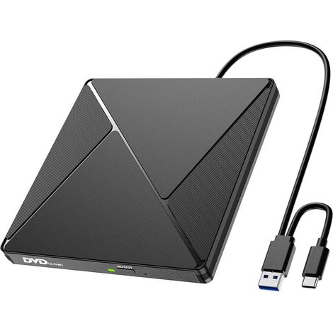 Lecteur CD/DVD Externe pour PC, USB 3.0 et USB-C Graveur DVD Externe Optique Portable CD/DVD -/+RW Drive, Mince DVD Player Transmission Rapide Câble USB Intégrée pour Windows/MacOS/Laptop/Desktops (1/5)