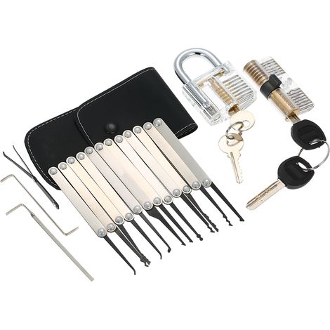 Kit d'outils de crochetage de 15 pièces avec deux cadenas d'entraînement transparents pour serruriers débutants et professionnels. (1/2)