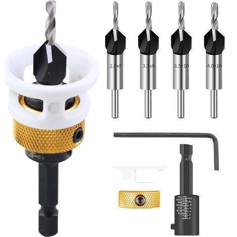 Juego de 6 brocas para biselar con tope de profundidad, vástago hexagonal de 6,35 mm y brocas avellanadas para trabajar la madera.