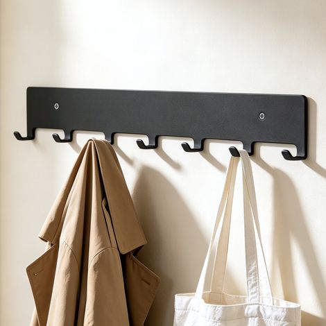 doporro Garderobenleiste mit 7 Haken, Wandgarderobe mit Garderobenhaken, Wandhaken, Kleiderhaken Wand, selbstklebend oder zum Bohren, für Flur, Bad und Küche,Schwarz, Stalo-17