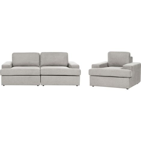 Canapé 3 Places et Fauteuil en Tissu Gris Clair Bois d'Eucalyptus Rembourré en Mousse Alla