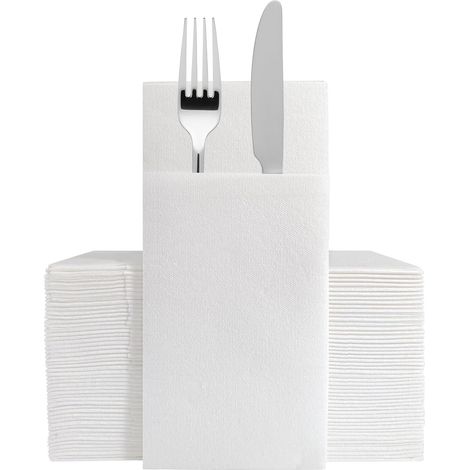 Lot de 100 Serviettes en Papier Jetables au Toucher Lin avec Poche Intégrée pour Couverts, pour Mariage, Noël, Thanksgiving, Anniversaire ou événements Blanc (1/5)