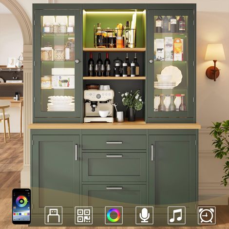 Meuble de cuisine avec éclairage LED contrôlé par application, 185 x 140 x 40 cm, 3 tiroirs, plan de travail, étagères réglables, noir/blanc/vert