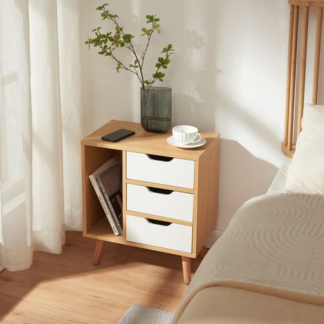 Mesita de noche Bordkak con 3 cajones 1 compartimento 55x48x30cm - Roble/Blanco [en.casa]