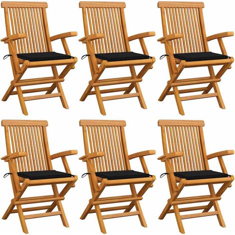 Lot de 6 Chaises de jardin avec coussins noir Fauteuil de Jardin Chaise d'extérieur Bois de teck massif 60476 (1/5)