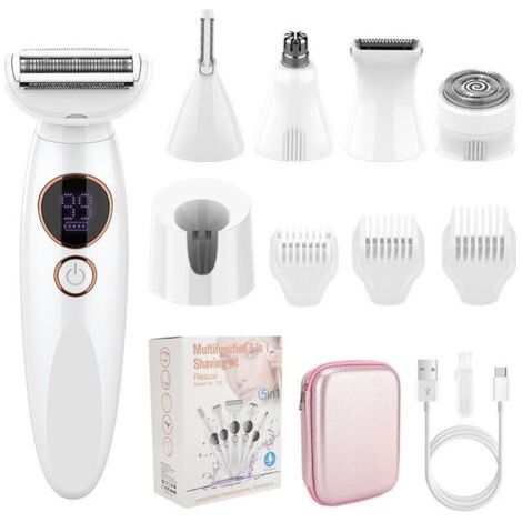 Rasoir Electrique Femme 5 en 1, Tondeuse Femme Intime, Rasoir Femme Maillot IPX7 Etanche avec Station de Charge USB pour Visage, Corp, Sourcil, Bikini (1/4)