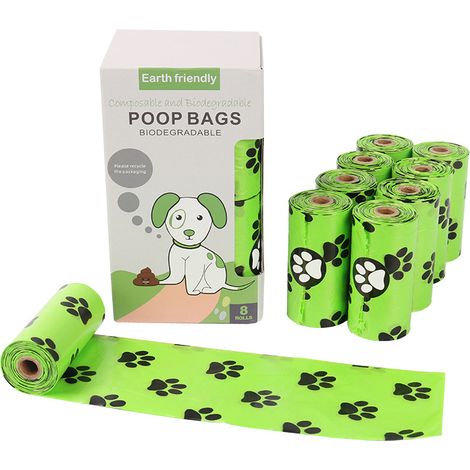 Sacs à déjections canines biodégradables, compostables, étanches, sans parfum, écologiques pour chien - Lot de 120 sacs, 8 rouleaux (1/2)