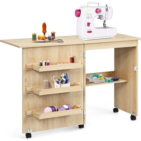 GOPLUS Table de Couture Pliante -3 Bacs+1 Etagère - Roulettes Verrouillables - Portes magnétiques - 118,5x40x79,5CM,Brun Clair