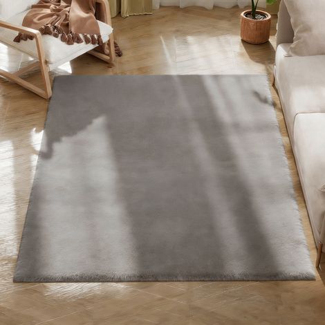 Tapis salon gris clair 160x120cm poils longs lavable antidérapant fausse fourrure salon chambre