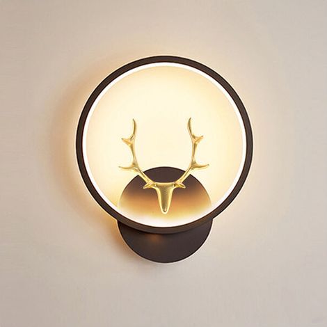 Applique murale LED ronde en aluminium – Tête de cerf noire – Lumière blanche monochrome – Pour chambre d'enfant et salon (1/3)