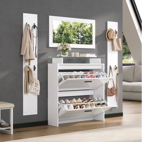 Mueble zapatero de entrada 4 piezas con espejo, 8 ganchos, estantes de vidrio, blanco OKMYHOME (1/5)
