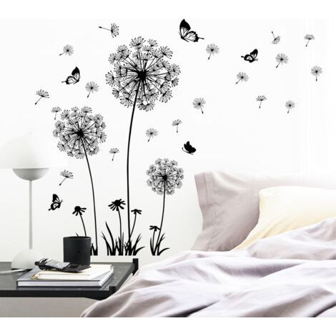royaluxe-Stickers muraux FLEURS DE PISSENLIT noir (60x90cm) I papillon plantes branche arbre I autocollant sticker mural pour salon chambre cuisine salle de bains bureau adulte enfant