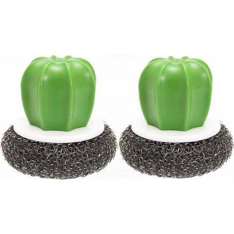 DEESSE SHOP - 2pcs brosses de cuisine créatives en forme de cactus, brosse de lavage de vaisselle en boule d'éponge en fil de pot de cactus brosse de nettoyage en acier inoxydable avec manche en plast (1/4)