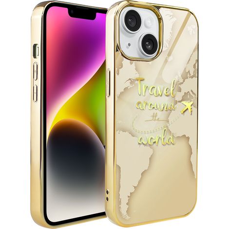 Funda ibizu Elite Glass 3D para iPhone 14, parte trasera de cristal, mapa del mundo dorado con la inscripción "Travel around the World", color dorado. (1/5)