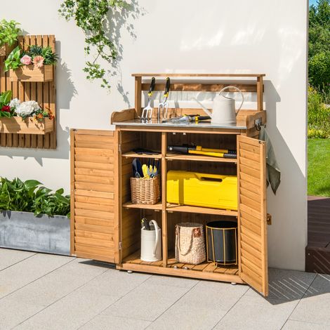 Banc d'Empotage d'Extérieur Table de Jardinage avec Comptoir en Métal Galvanisé 3 Crochets de Suspension Etagères Amovibles Naturel (1/3)