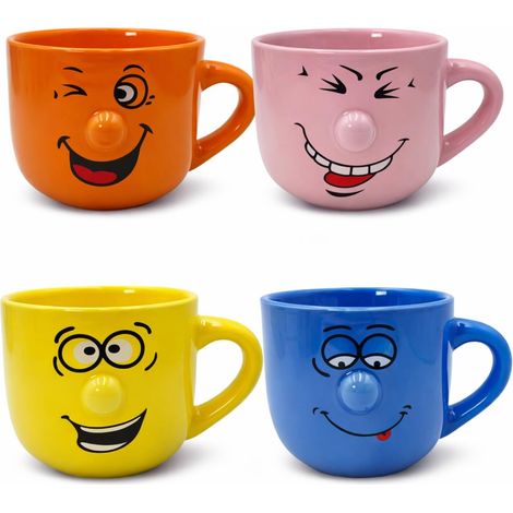 Set 4 Tazze da Colazione in Porcellana Multicolor con Faccine Divertenti - Capacità 450 ml - Tazze Lavabili in Lavastoviglie ed adatte per Thè, Tisane (1/5)