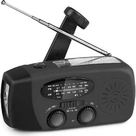 Radio portátil solar de emergencia Crezuo, radio AM/FM con manivela y linterna, batería externa de 2000 mAh para camping, viajes y terremotos.-Crezuo