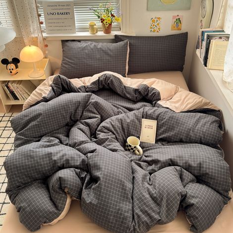 Ensemble de Literie 4 Pièces en Coton Lavé Doux Qualité A Maternité - Housse de Couette, Drap-Housse et Drap Plat 180x220 cm - Motif Carreaux Noir Encre - Idéal pour Étudiants et Chambre-lsw