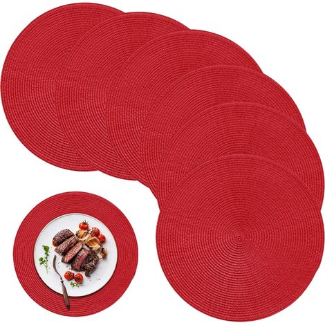 Lot de 6 sets de table ronds tressés imperméables de 15 pouces, rouges, résistants à la chaleur, antidérapants, lavables, pour tables à manger, sets de table rouges, sets de table ronds, lot de 6'Pare (1/5)