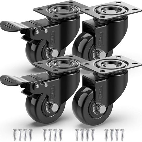 4 Roulettes Pivotantes Pour Meubles dont 2 avec Frein + Vis - 50mm Jusqu'à 200KG - Roulette Sans Traces au Sol pour Charge Lourde - Roue en Caoutchouc pour Chariot - Noir (1/5)
