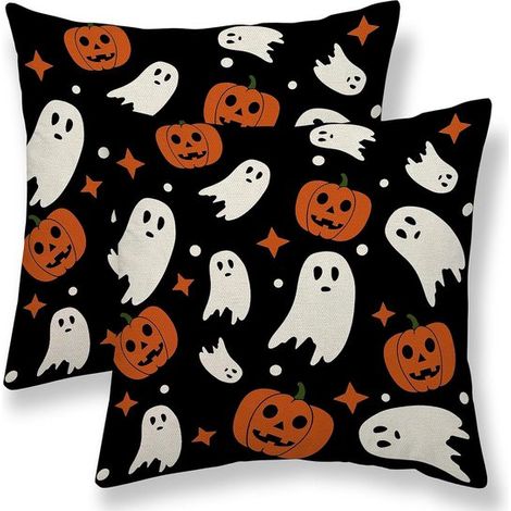 Lot de 2 housses de coussin 45x45 cm – Motif citrouille et chauve-souris – Tissu peluche ultra-doux à poils courts, double face – Housses décoratives pour Halloween, canapé, chambre, fête d'automne (1/2)