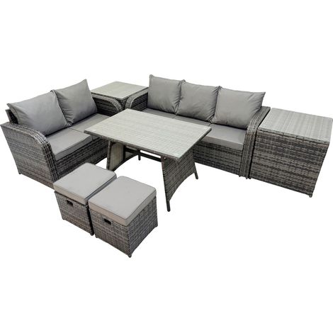Fimous Garden Rattan Outdoor Furniture Set 7 Seater with Love Sofa 3 Seater Sofa 2 Side Table 2 Small Stools Dark Grey (1/5)