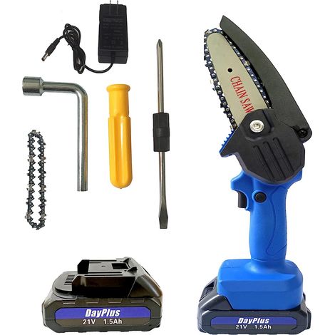21V Cordless Lithium Ion Battery 1.5Ah Chainsaw, Guide Plate Length, Powerful Rechargeable Saw with 1 Charger 2 Batteries (1/2)