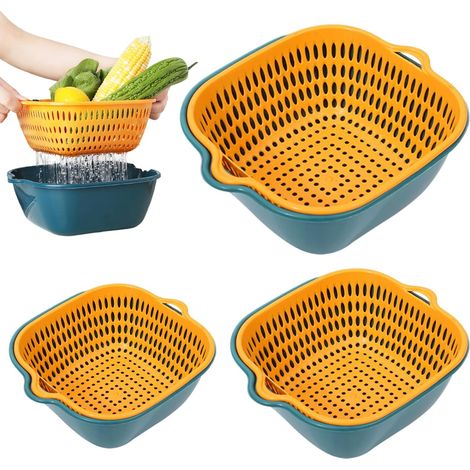 Set di 3 ciotole con filtro per l'acqua, filtri per frutta, 3 ciotole per il lavaggio, plastica a doppio strato, diverse dimensioni, per lavare frutta e verdura. (1/5)