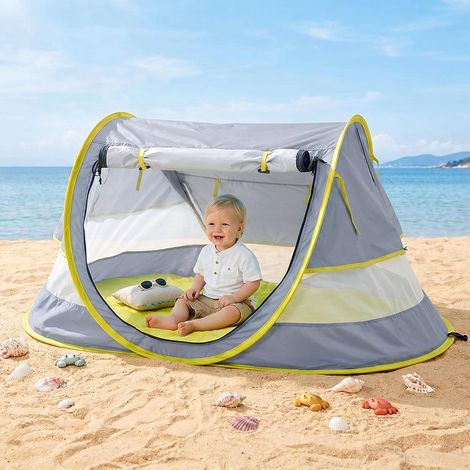 Tente de plage pour bébés, grande tente de plage pliable, tente de voyage portable pour bébés avec moustiquaire, tente de jeu d'intérieur pour bébés, tente solaire anti-UV UPF 50+ pour bébés (1/5)