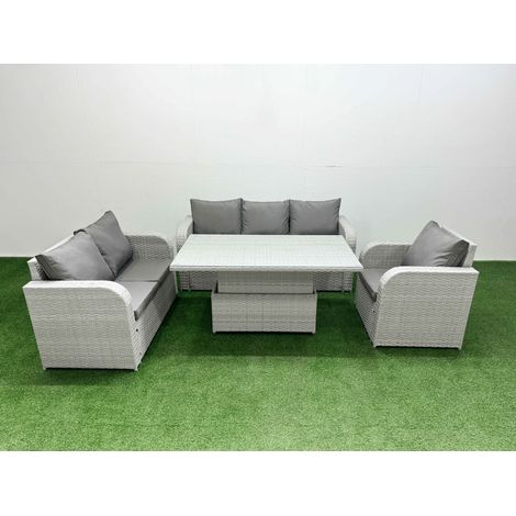 Fimous Patio PE Wicker 6 Seater Outdoor Rattan Furniture Sofa Sets with Adjustable Lifting Dining or Coffee Table Reclining Chair Loveseat Sofa 3 Seater Sofa Light Grey (1/5)