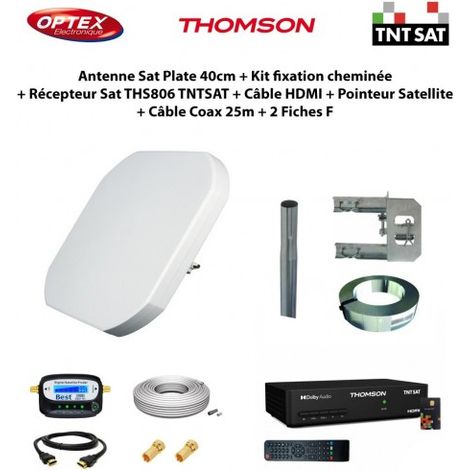 Antenne Sat Plate 40cm + Kit fixation cheminée + Récepteur Sat THS806 TNTSAT + Câble HDMI + Pointeur + Câble Coax 25m + 2 Fiches F (1/5)