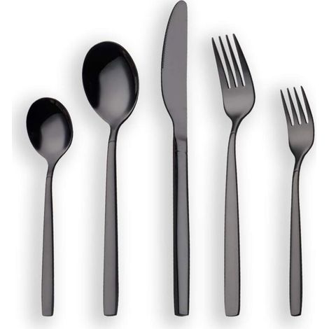 Couverts - 30 Pièces - Acier Inoxydable - Plaqué Titane Noir - 6 Personnes - Noir Brillant