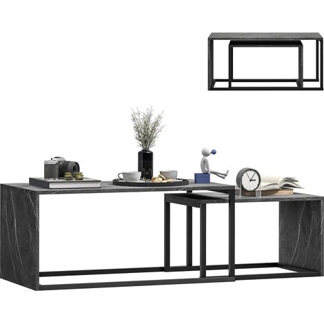 Lot de 2 tables basses gigognes design industriel encastrable en métal noir et effet marbre gris foncé