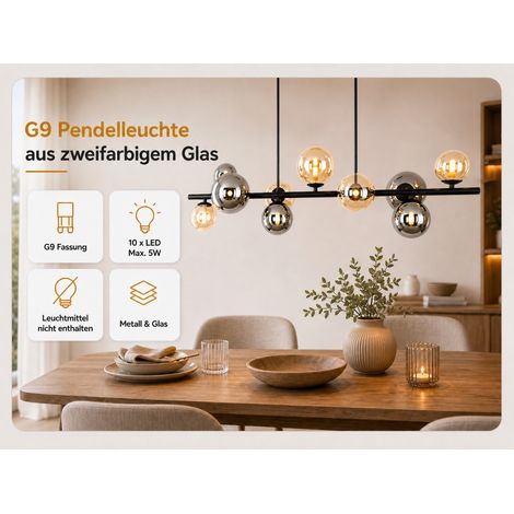 ZMH Suspension G9 10 Lumières, Verre Ambre et Gris, Hauteur Réglable, Lustre Moderne pour Cuisine et Salle à Manger (1/5)