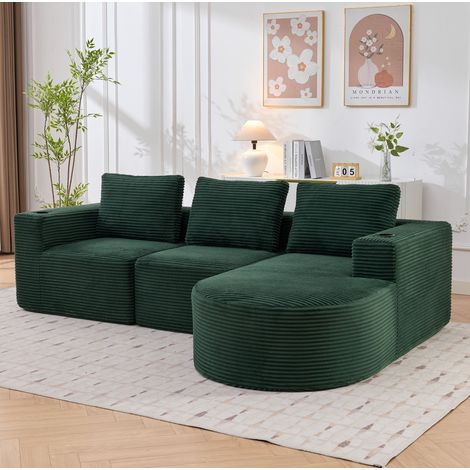 Sofá esquinero 265x176x60 cm verde retro en poliéster tapizado con 3 cojines y 2 portavasos (1/5)