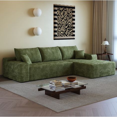 Divano angolare modulare 270x175x83 cm, seduta profonda, tessuto a coste a righe, verde (1/5)