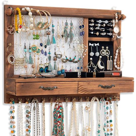 Support mural pour bijoux en bois avec barre à bracelet, 21 crochets, tiroir pour boucles d'oreilles, chaînes, bracelets, bagues, accessoires (brun) (1/2)