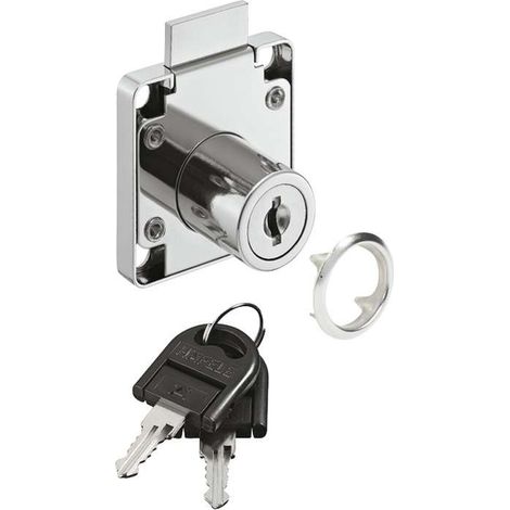Serrure à pêne dormant acier chromé en applique avec clé pliante, rosace, gâche cylindre à paillettes axe D = 24mm meuble porte