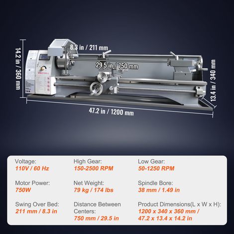 Mophorn Metalldrehmaschine, 8,3 x 29,5 Zoll, Präzisions-Tischdrehmaschine, 0–2500 U/min Geschwindigkeit, bürstenloser 750-W-Motor, Metallgetriebe, inkl. Werkzeugkasten für die Bearbeitung