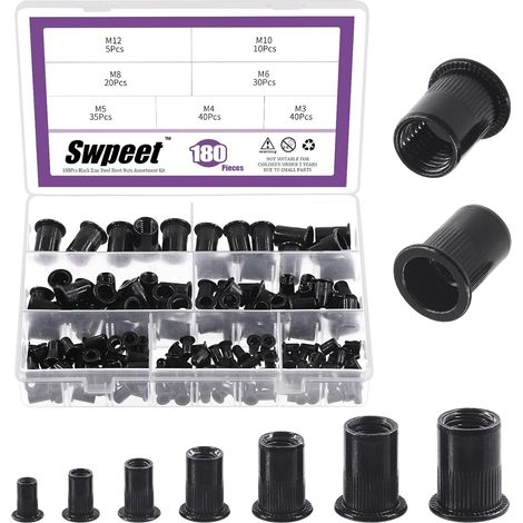 Kit de 180 écrous à rivets métriques de 7 tailles, M3 M4 M5 M6 M8 M10 M12, écrous à rivets métriques en acier au carbone plaqué zinc, noir, à tête plate (1/5)
