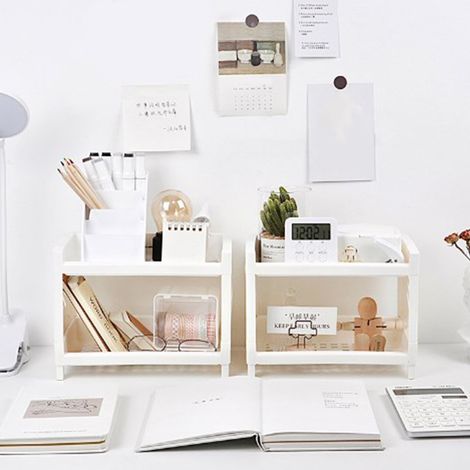 [Schreibtisch-Organizer] Multifunktionales Schreibtischregal [Modell: Doppelstöckig] [Robust] Moderner, minimalistischer, weißer Premium-Kunststoff [Abmessungen: Kompakt] [1 Stück] (1/5)
