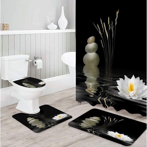4-teiliges Badezimmer-Set: Wasserdichter Duschvorhang 180x180cm + rutschfeste Duschmatte, schwarzes Zen-Duschset