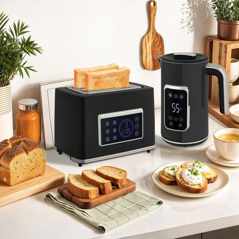 Ensemble bouilloire et grille-pain avec écran tactile LED, 7L, 1, 2 emplacements pour grille-pain, divers modes et fonctions, noir (1/5)
